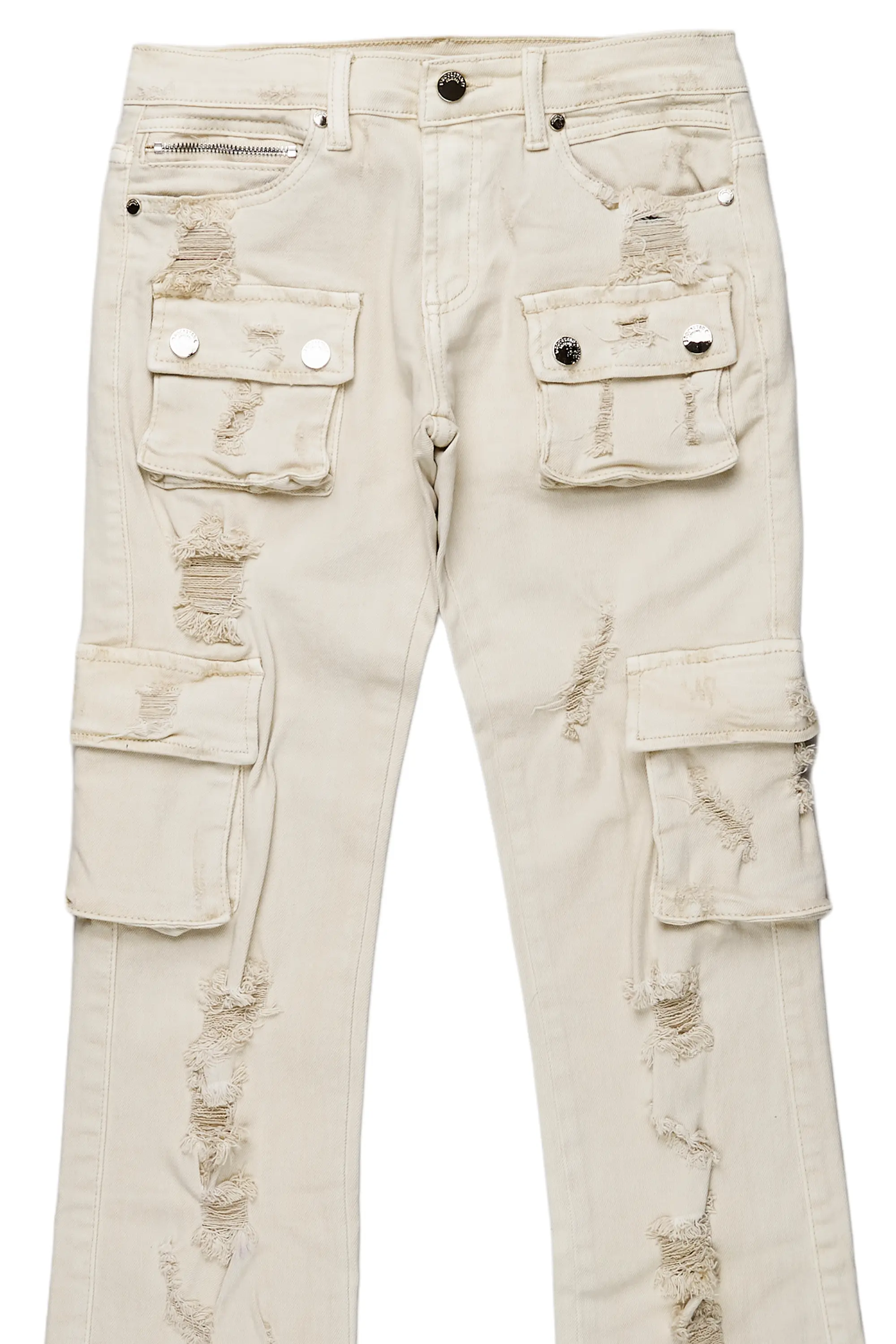 Boys Zaire Beige Cargo Super Stacked Flare Jean - Image 6