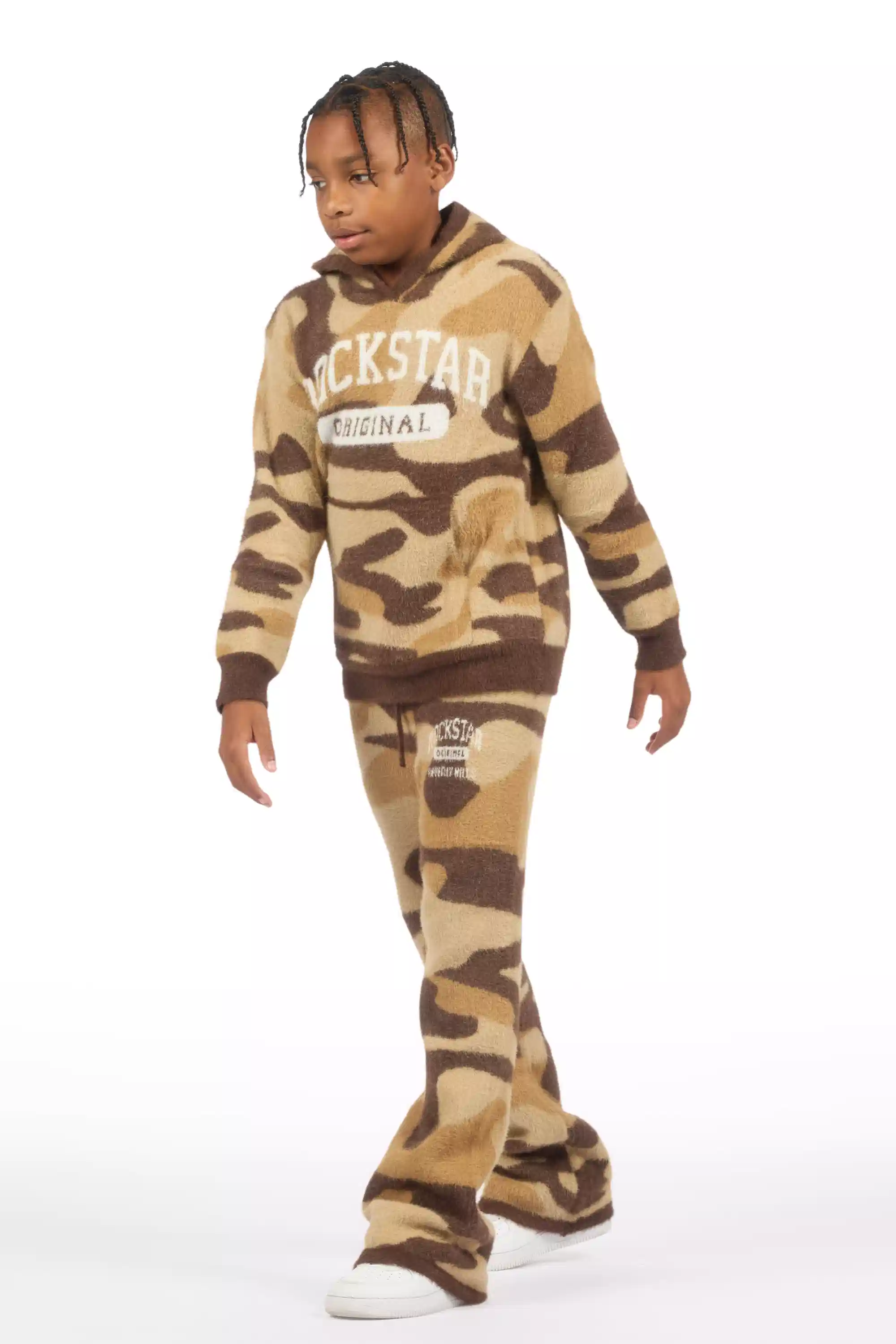Boys Member Camo Brown Stacked Flare Knitted Mohair Track Set - Image 5