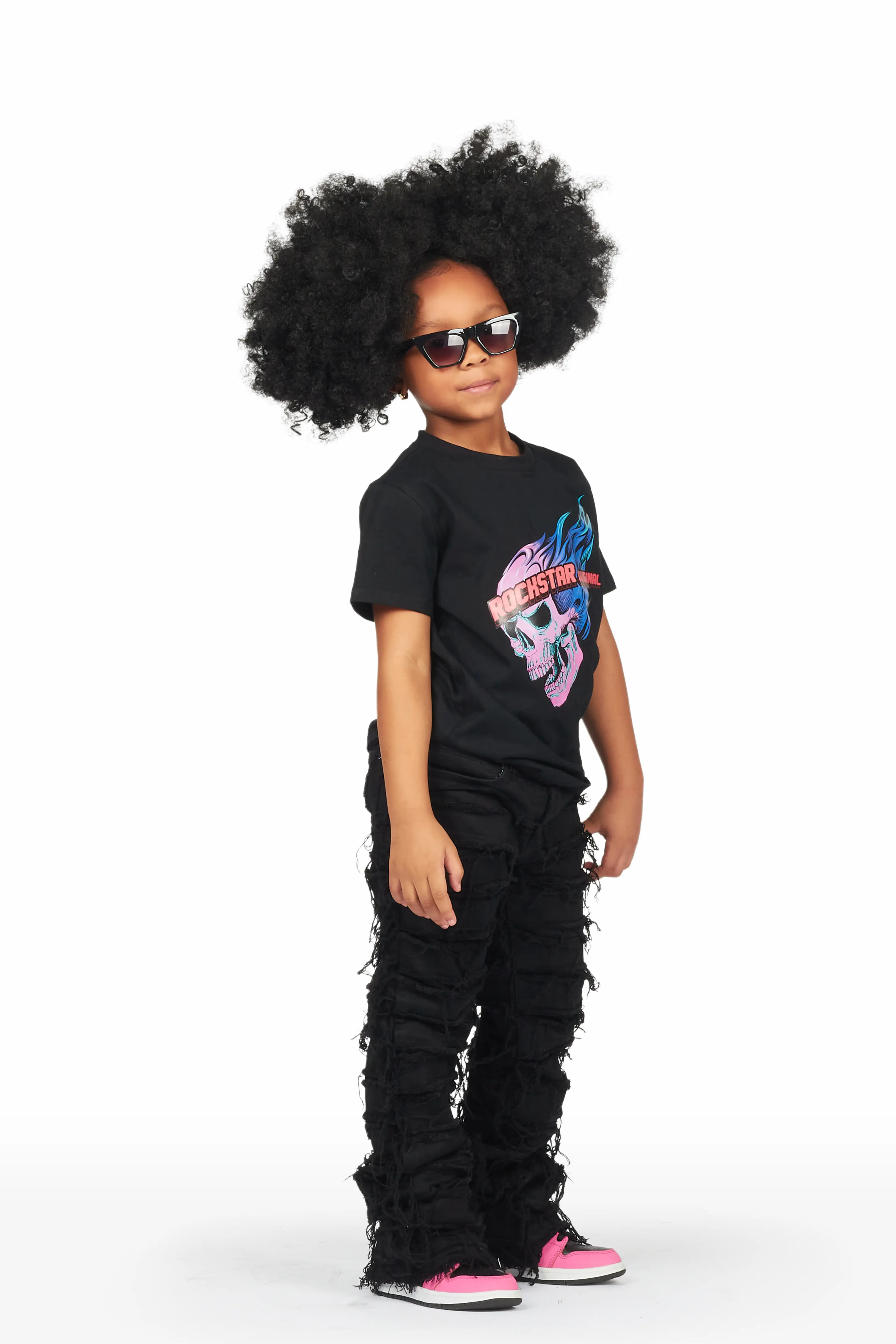 Girls Ava Black T-Shirt/Stacked Flare Jean Set - Image 3