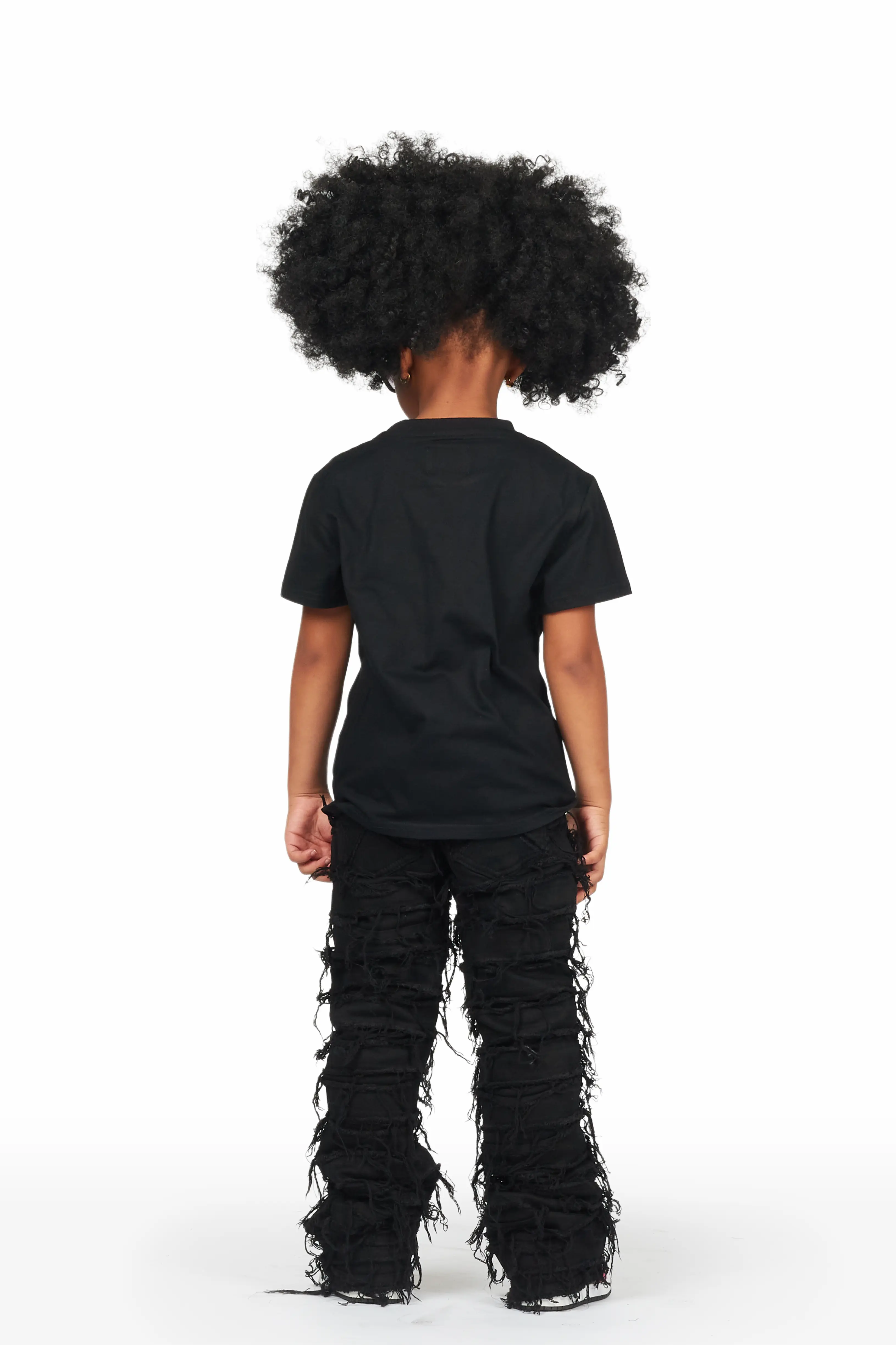 Girls Ava Black T-Shirt/Stacked Flare Jean Set - Image 4