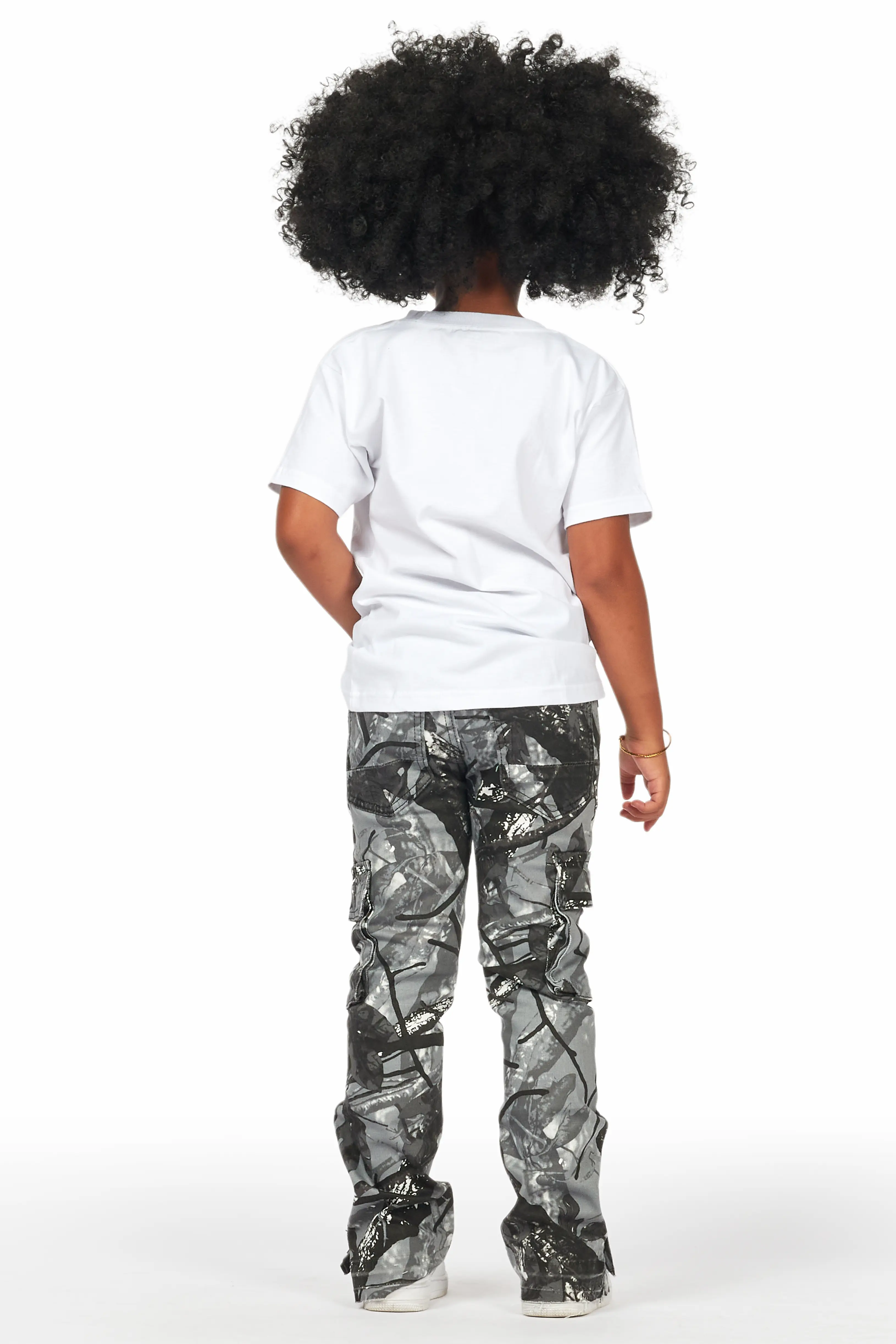 Girls Amiry Grey Camo Stacked Flare Cargo Jean - Image 5