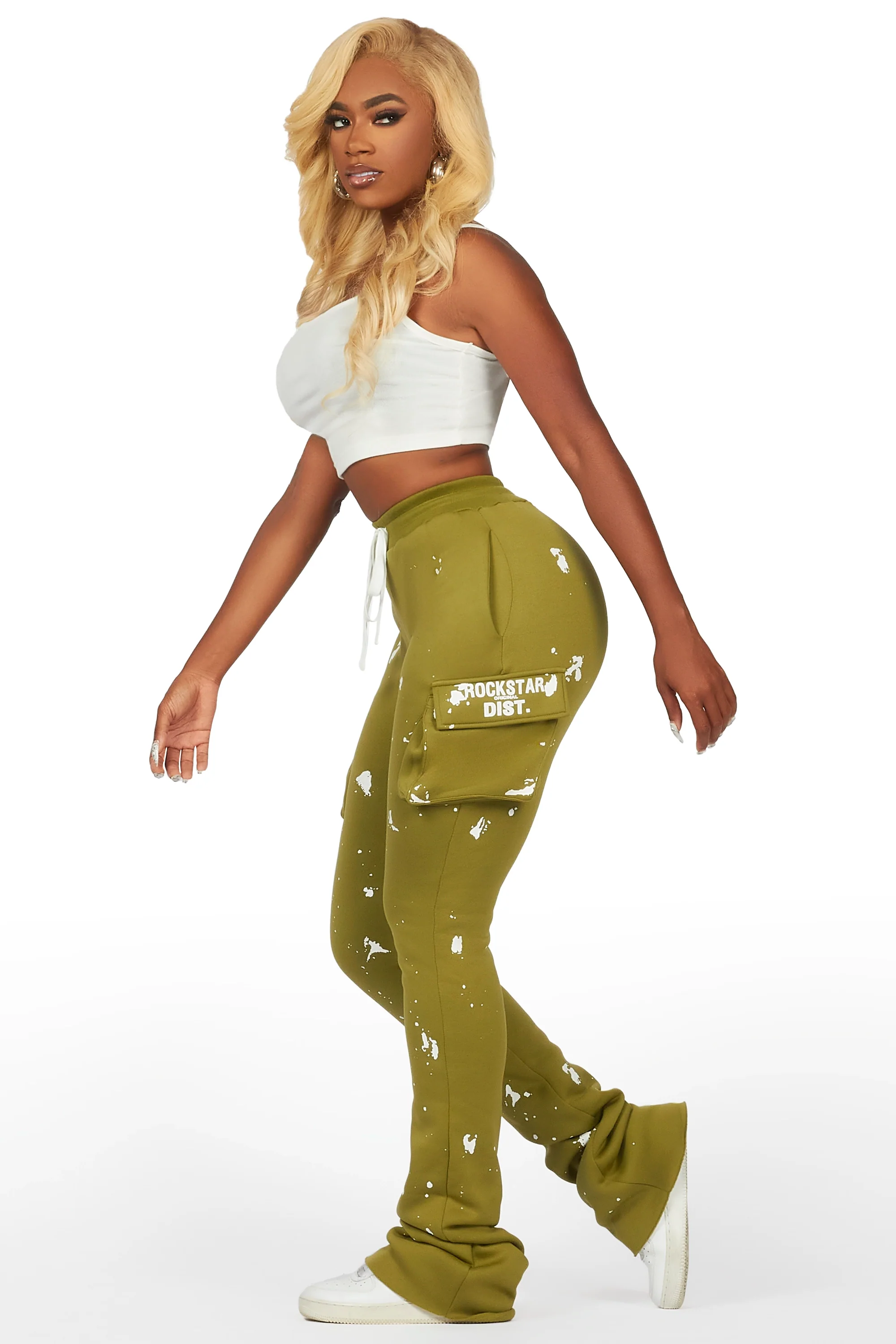 Antonia Olive Cargo Stacked Track Pant - Image 3